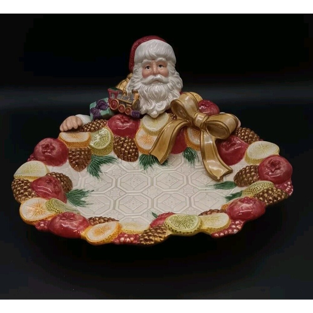 Vtg Fitz & Floyd Winter Spice 3D Santa Platter Server Pine Cones Train Bow